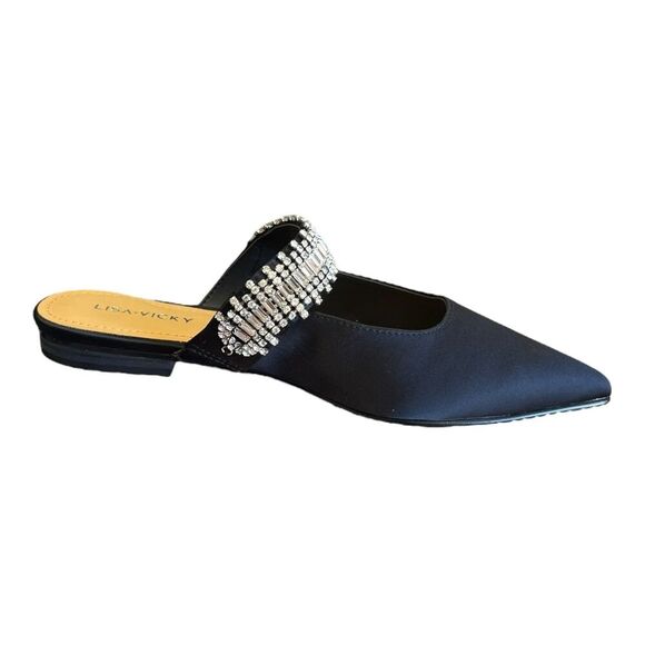 Lisa Vicky Black Satin Pointy Toe Move Crystal Embellished Flats 7 - Picture 1 of 4
